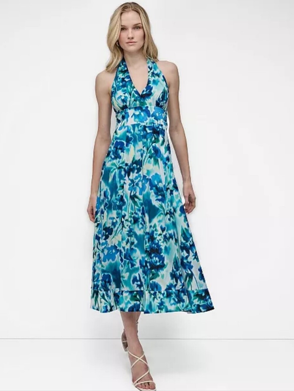 DKNY Blue Halter Maxi Dress Size 8 Tie Dye Print Plunge Neck Backless Summer